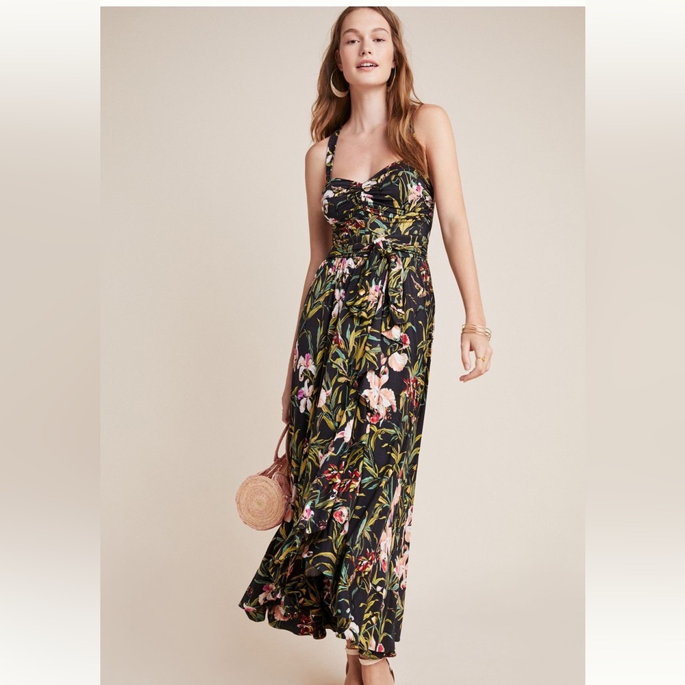 Anthropologie Maeve Black and Pink Floral Maxi Dress